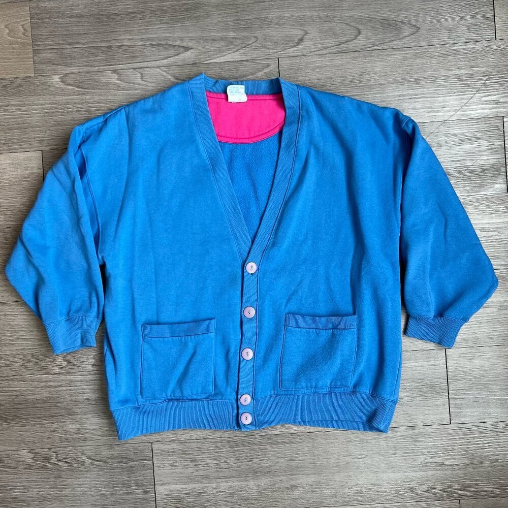 Vintage 90s Mervyn’s Cheetah Periwinkle Blue Oversized Boxy Cardigan Size L